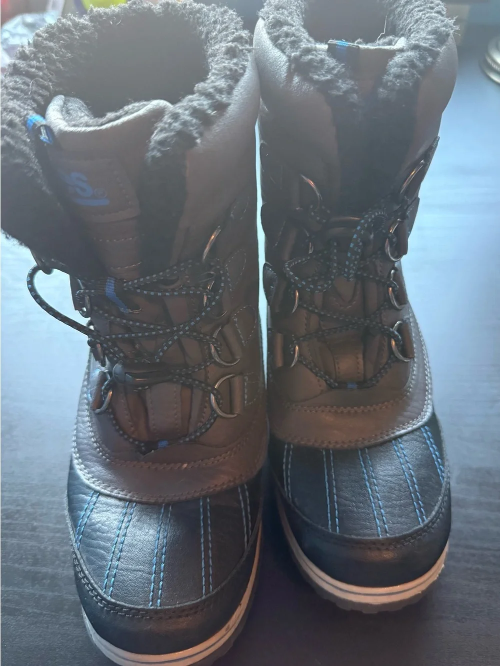 Kids Waterproof Winter Boots in Brown with Blue Accents